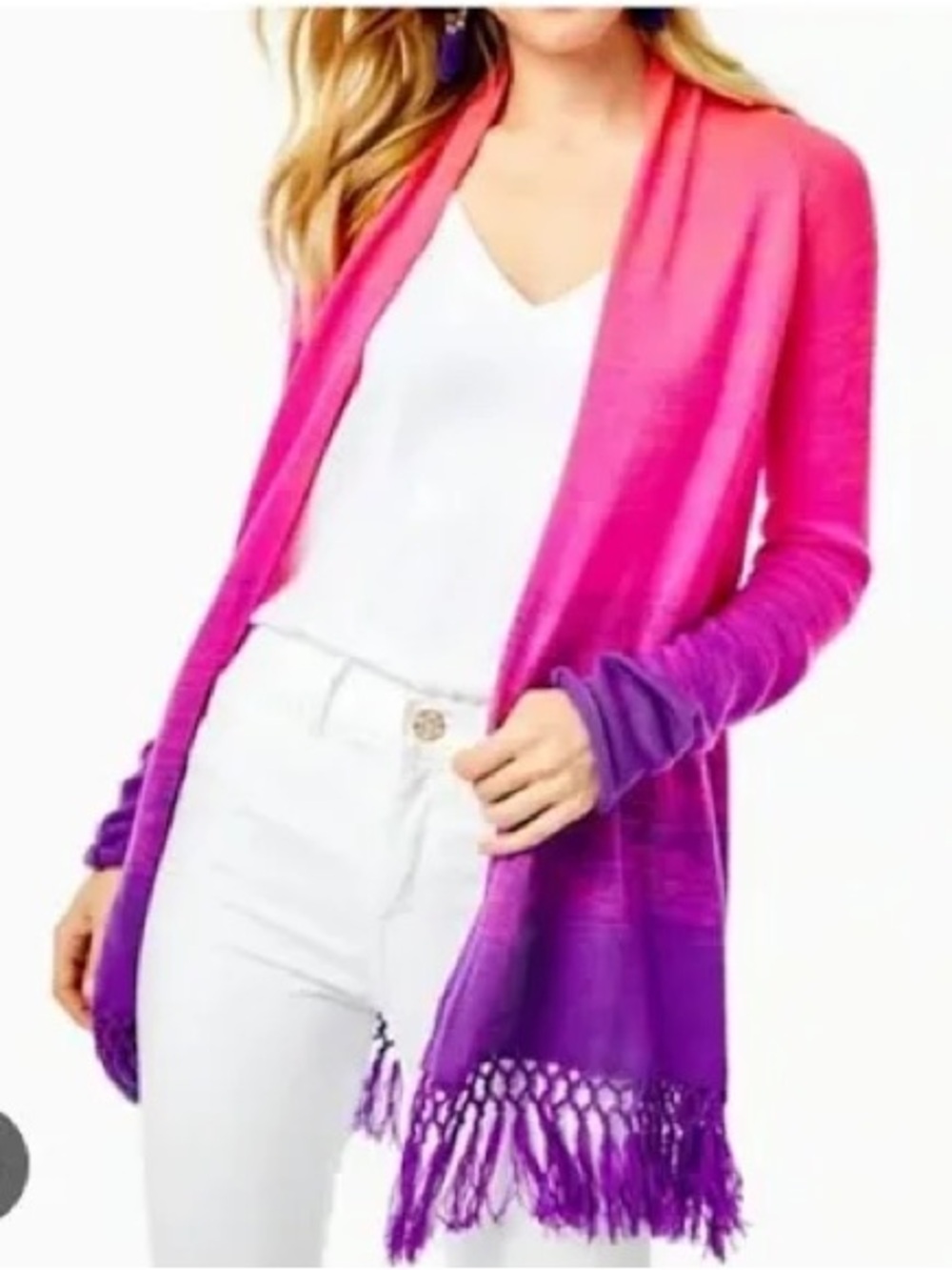 Lilly Pulitzer Tatum Cardigan Open-Front Pink Purple Ombre Fringe Sweater